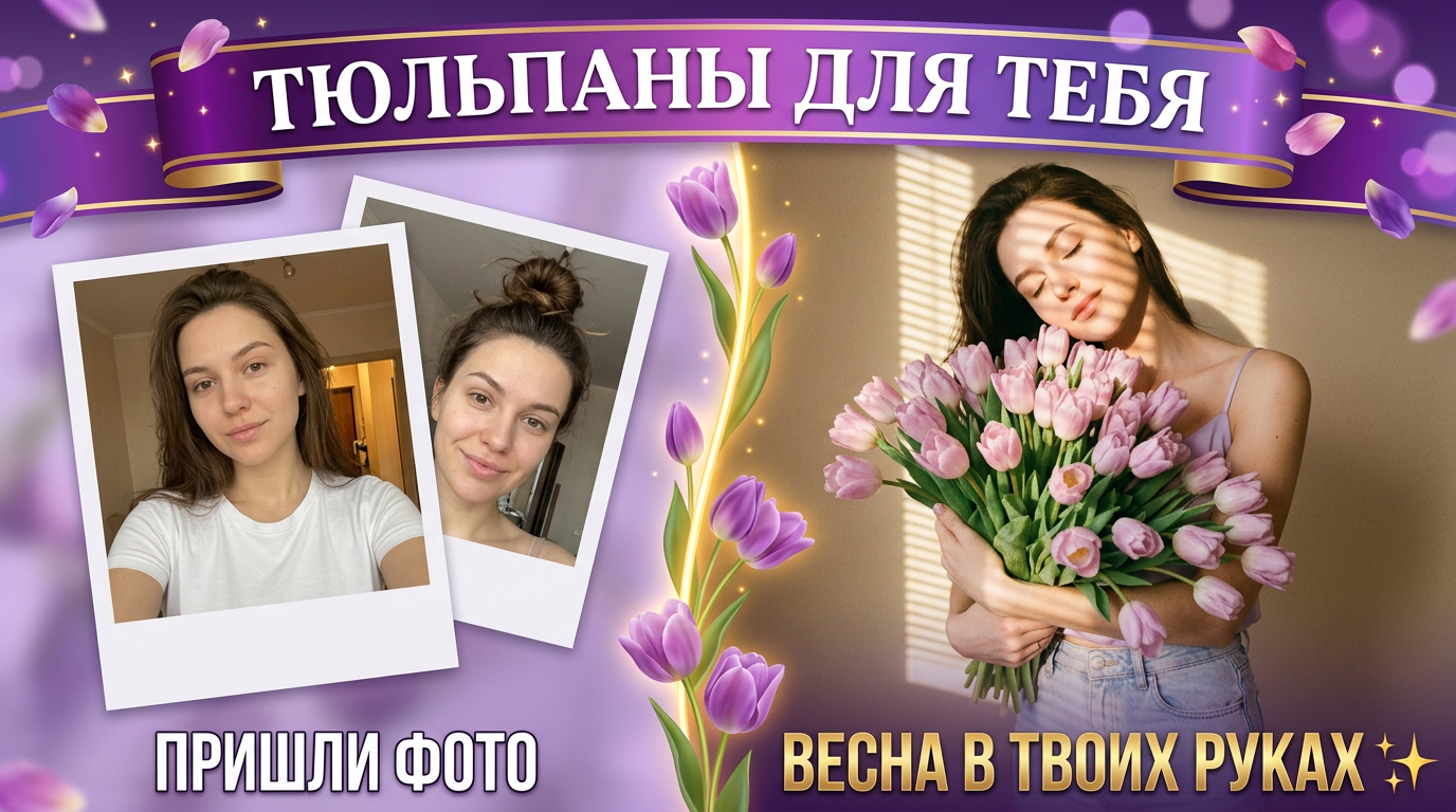 Нежный портрет с огромным букетом тюльпанов